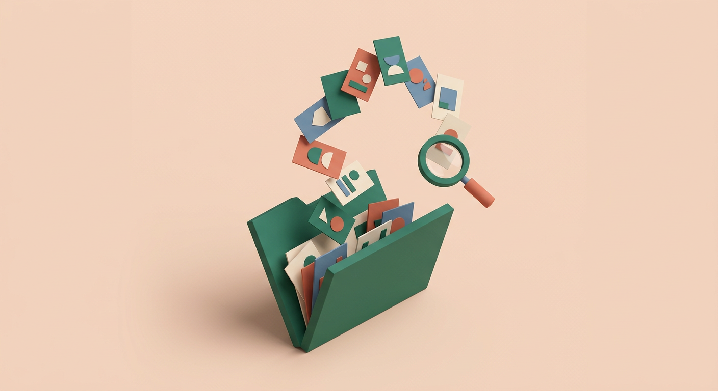 Illustration d'un dossier d'où s'échappent des fiches colorées et une loupe