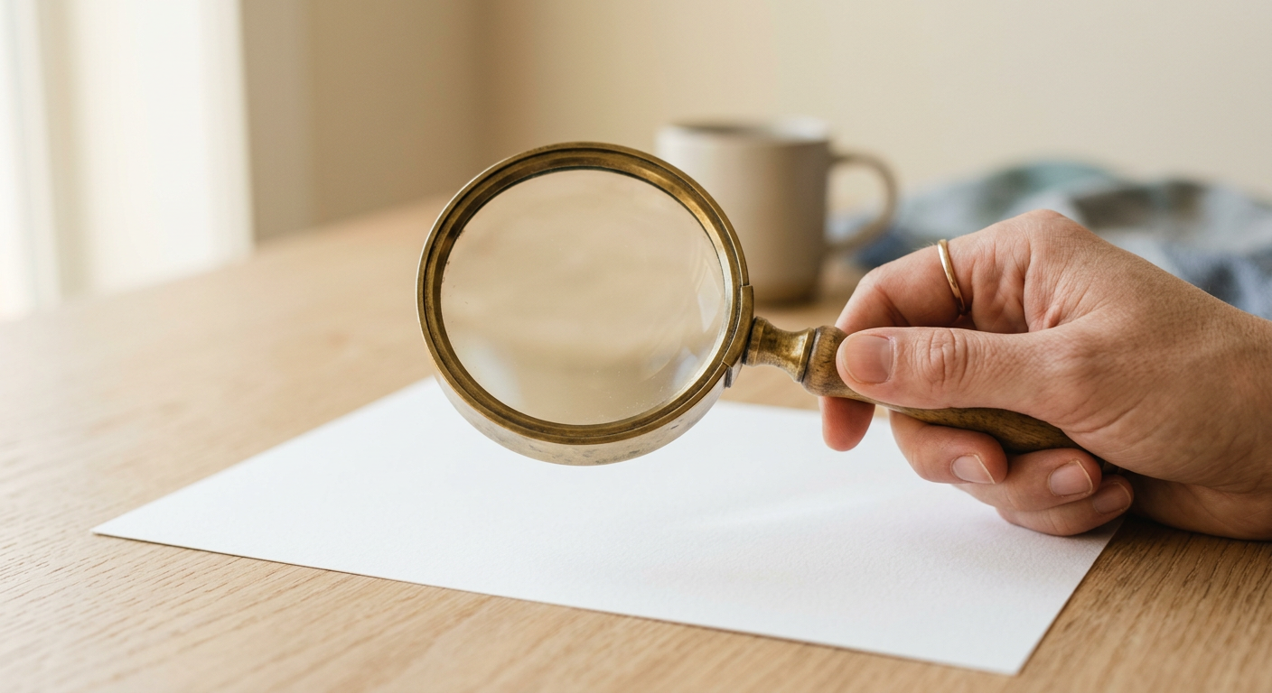Loupe tenue au-dessus d'une feuille sur un bureau en bois